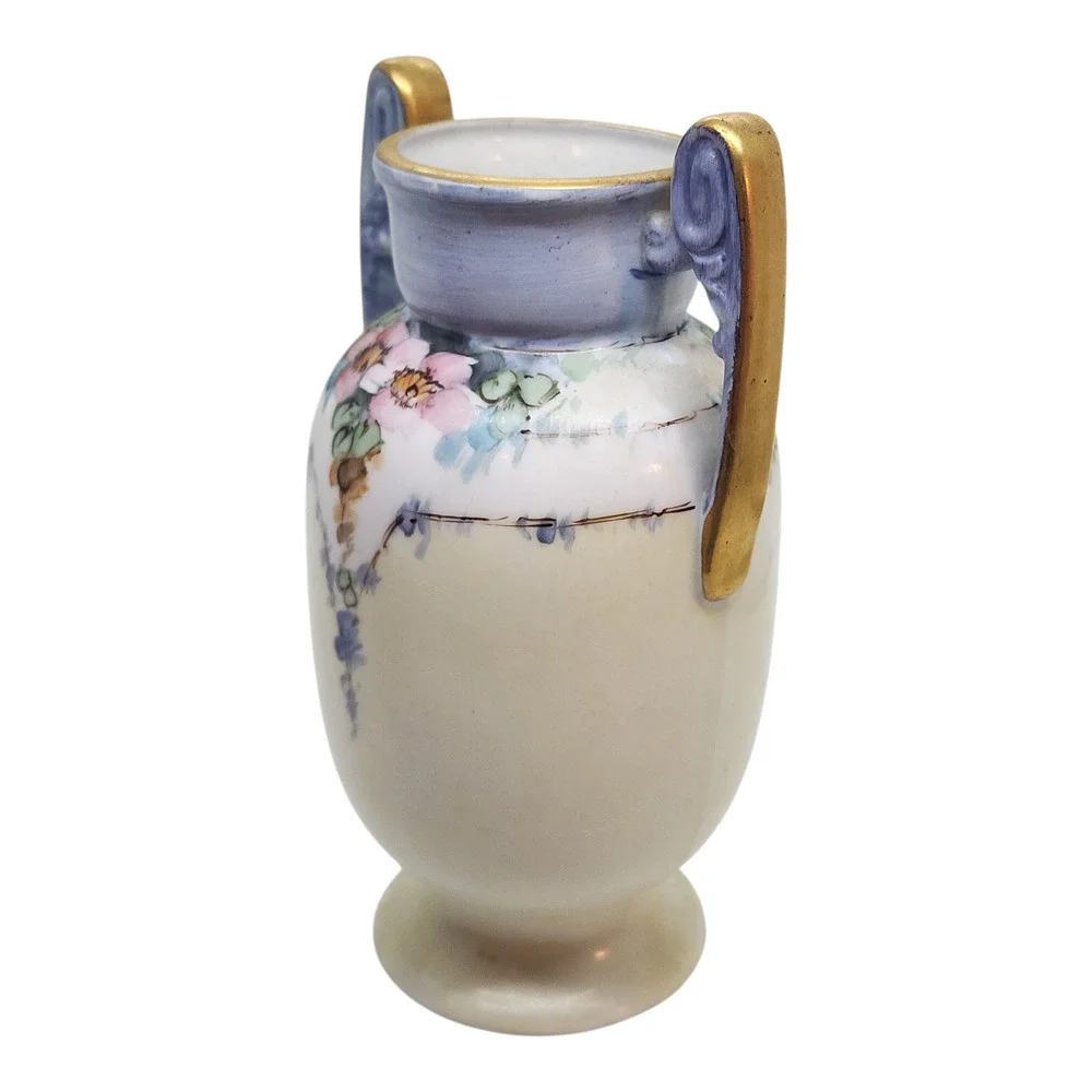 Antique Nippon Noritake Hand Painted Floral Vase Gold Trim Twin Handle 6